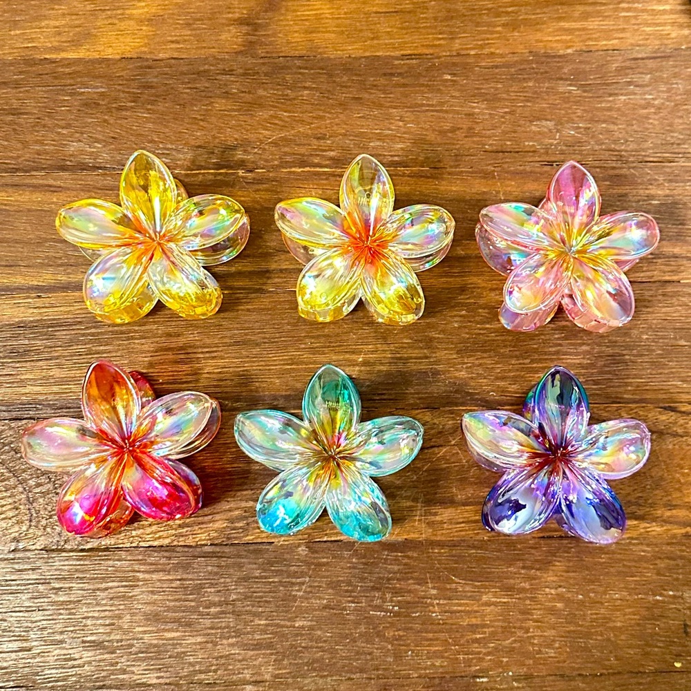 6PCS Plumeria Flower Hair Claw Clip Set 3" Iridescent Rainbow Y2K Coquette Beach